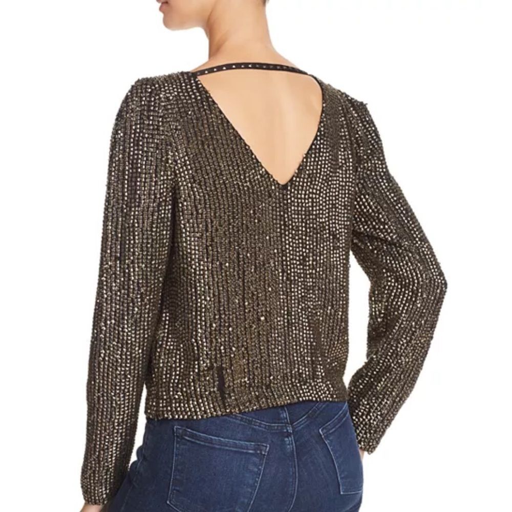 Joie Bailyn Studded Long Sleeve Top Metallic Gunmetal XS Gold Statement Party